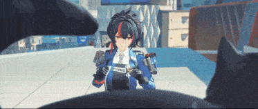a girl in a blue jacket is standing in front of a black dog in a video game .