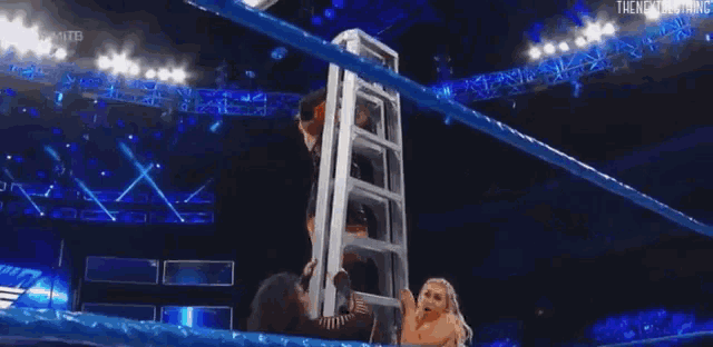 a woman is sitting on a ladder in a wrestling ring while a man holds her hand .