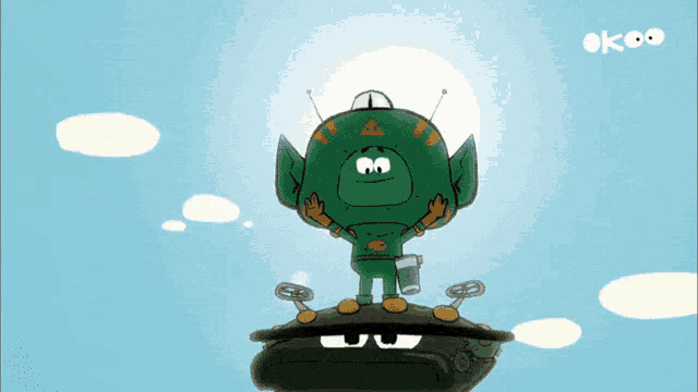 a cartoon character is standing on top of a black object with the word ok on the bottom
