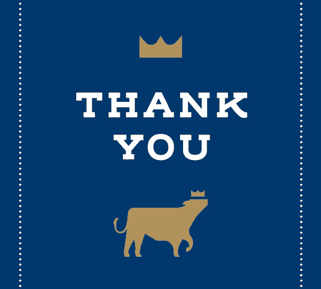 a blue background with the words thank you and a cow with a crown