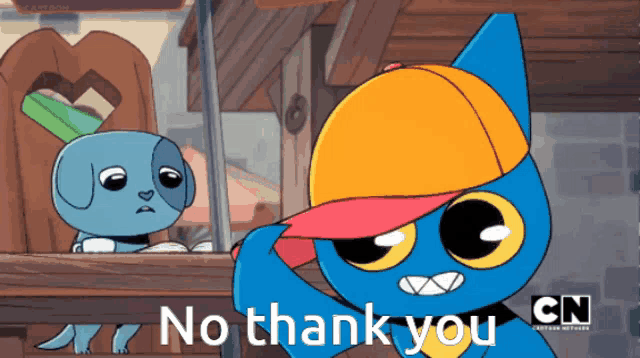 a cartoon character says " no thank you " in front of a dog