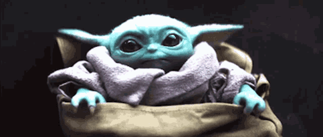 a baby yoda is sitting in a bag with a scarf around its neck .
