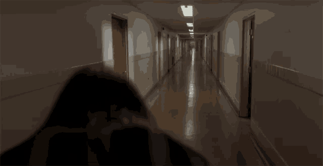 a person is walking down a hallway with a few doors