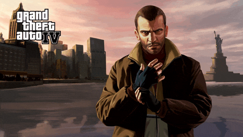 an advertisement for grand theft auto iv with a man in a brown jacket