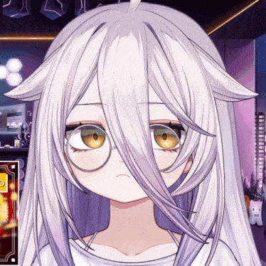 a girl with long white hair and yellow eyes is wearing glasses and a white shirt