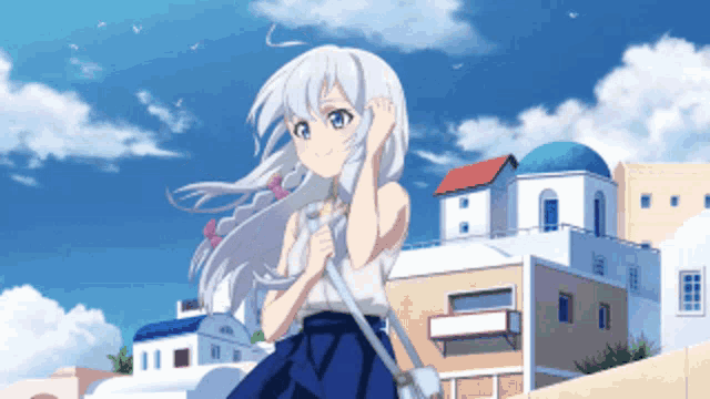 a girl with white hair is standing in front of a town