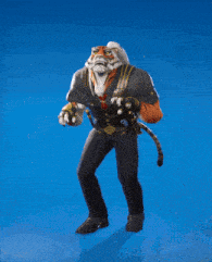a man with a tiger head is dancing on a blue surface