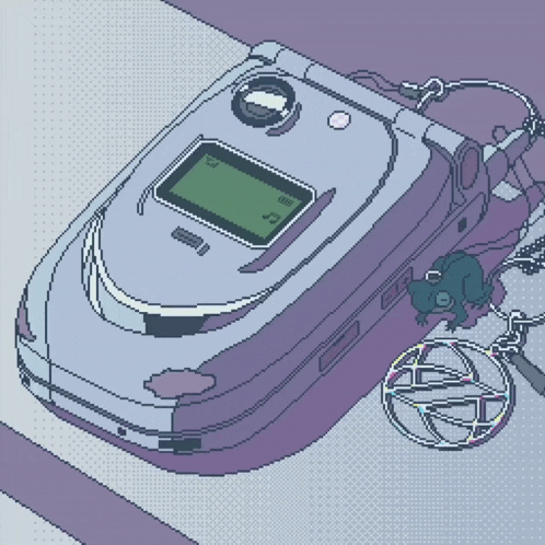 a pixel art drawing of a flip phone with a frog keychain