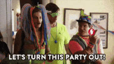 a group of people are standing in a room with the words `` let 's turn this party out '' written above them .