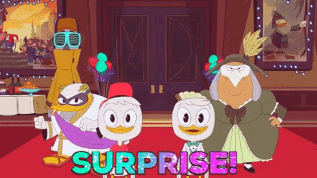 a group of cartoon characters standing next to each other with surprise written in green