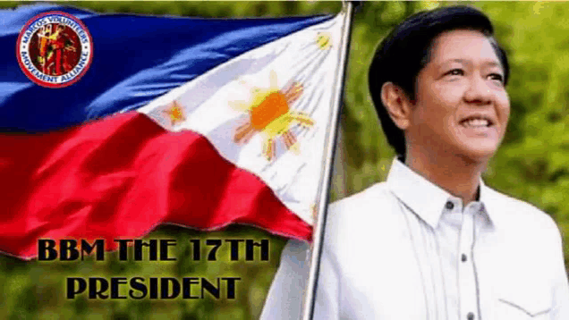 a man in a white shirt is holding a flag in front of a flag that says bbm the 17th president