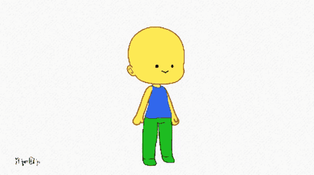 a cartoon character with a blue shirt and green pants is waving