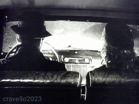 a black and white photo of a man and woman in a car taken by cravello 2023