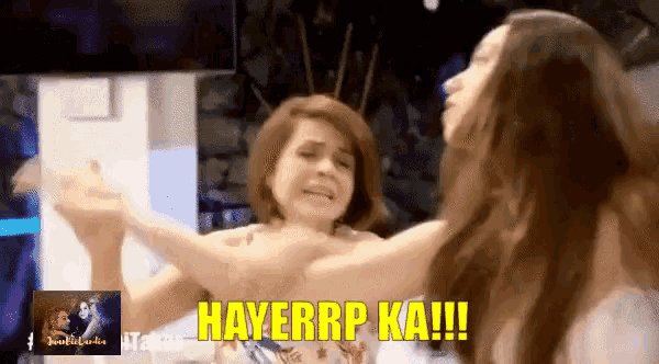 two women are hugging each other with the words hayerrp ka !!! written on the bottom