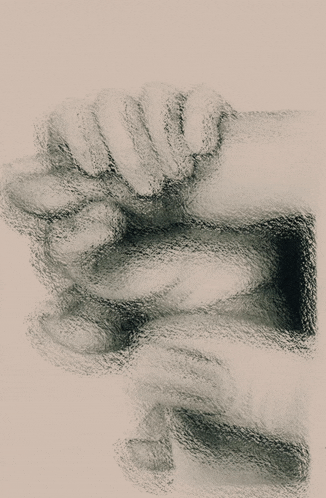 a black and white drawing of a person 's hand on a beige background