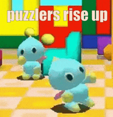 two puzzlers are standing next to each other on a checkered floor with the words puzzlers rise up above them