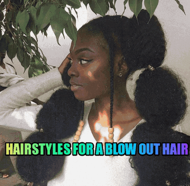 a woman with a ponytail and the words hairstyles for a blow out hair