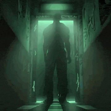 a drawing of a person standing in a doorway with the letters fz on the wall behind them