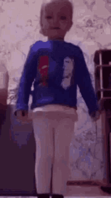 a little boy is standing in a living room wearing a blue sweater and white tights .