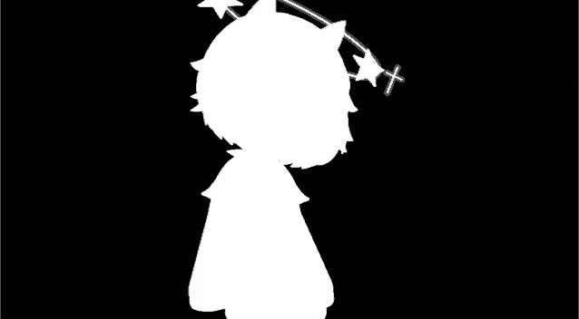 a white silhouette of a boy with a cat ear and stars in his hair on a black background .