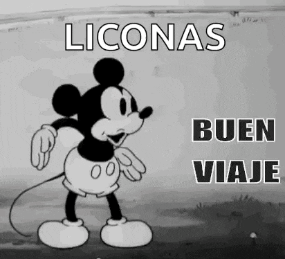 a black and white cartoon of mickey mouse standing in front of a sign that says iconas buen viaje .