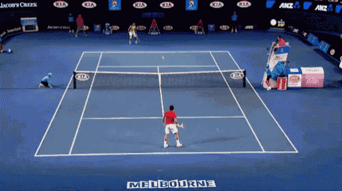 a man playing tennis on a court that says melbourne on it