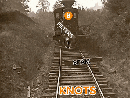a black and white photo of a train with the words filters spam and knots written on it