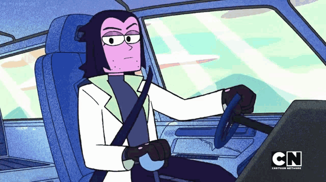 a cartoon character is driving a car with the cn logo on the bottom