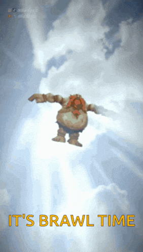 a cartoon character is flying through the air with the words " it 's brawl time " above him