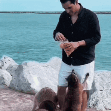 a man is feeding a raccoon a bag of food