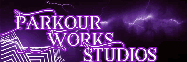 the logo for parkour works studios is purple and white