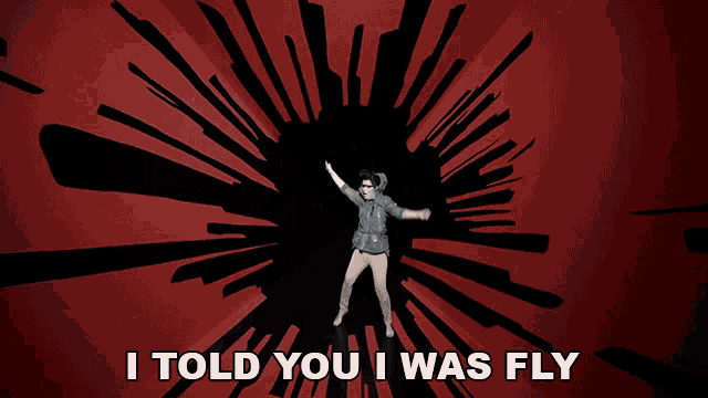 a man is dancing in front of a red background with the words " i told you i was fly "