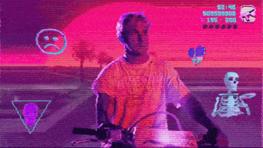 a video game screen shows a man riding a motorcycle with a sad face on it