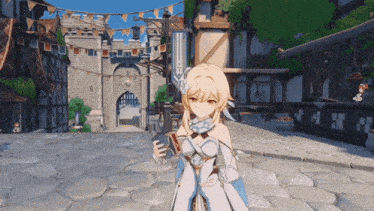 a girl in a white dress is standing in front of a building holding a sword .