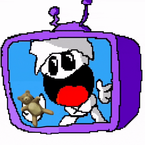 a pixel art drawing of a cartoon character with a teddy bear
