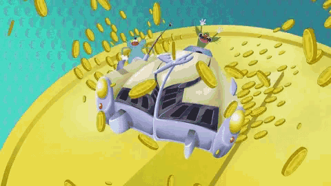 a cartoon car is surrounded by gold coins