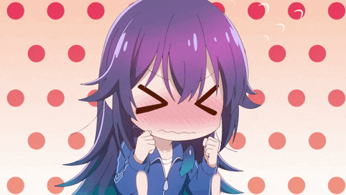 a cartoon girl with purple hair is making a funny face