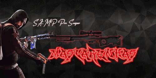 a man holding a sniper rifle with the words samp pro sniper in red