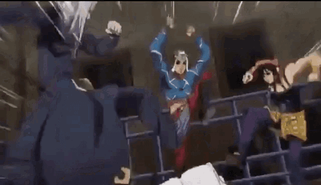 a group of anime characters are dancing in a room while a man is laying on the ground .