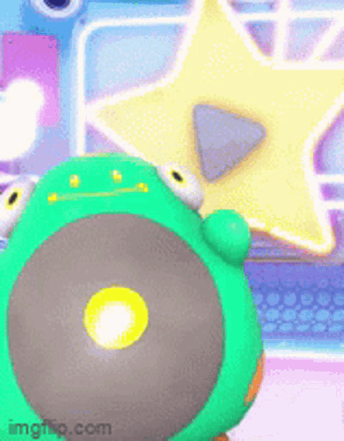a green frog with a yellow eye is standing in front of a star .