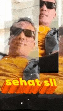 a man wearing sunglasses and a yellow shirt with the words sehat sll