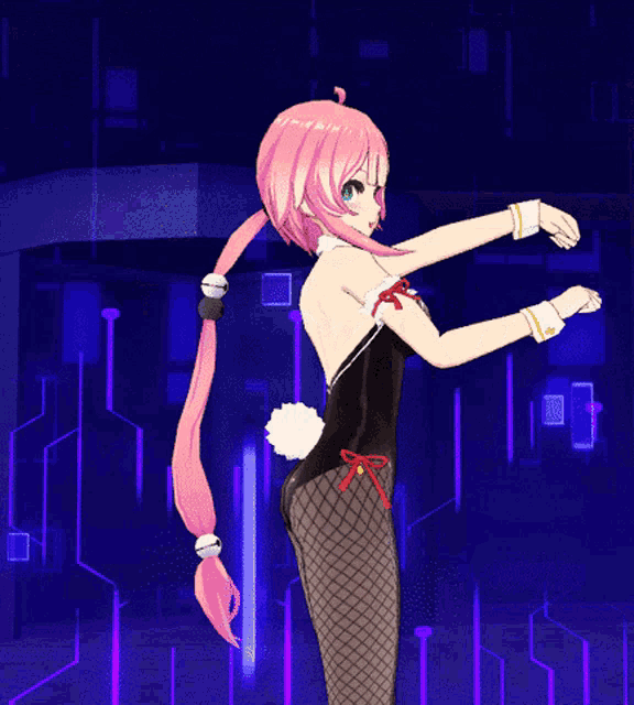 a girl with pink hair is dancing in a bunny suit