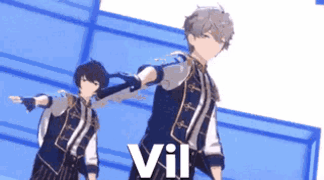 a couple of anime characters standing next to each other with the word vil in the middle .