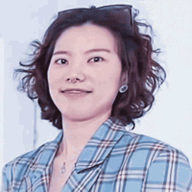 a woman wearing a blue plaid jacket and sunglasses looks at the camera