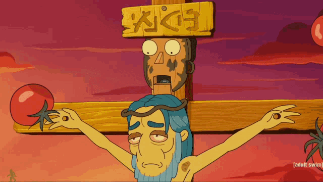 a cartoon of jesus on a cross with a sign that says edx