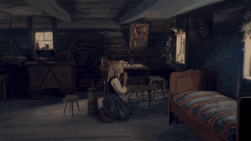 a painting of a woman kneeling in a room with a bed