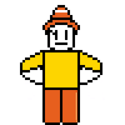 a pixel art of a man in a yellow shirt and orange hat holding two red blocks .