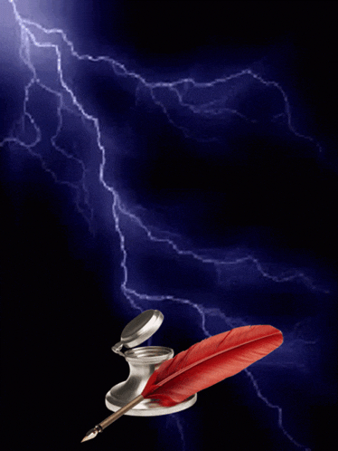 a red feather sits on top of a silver ink bottle