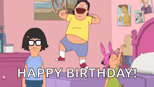 a cartoon character from bob 's burgers is jumping in the air while another character says `` happy birthday ! ''