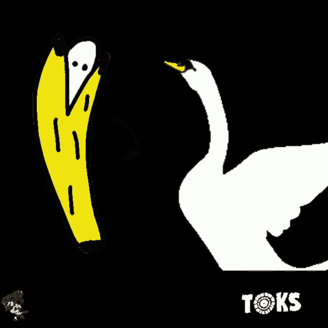 a drawing of a swan holding a banana with the words tok written on the bottom